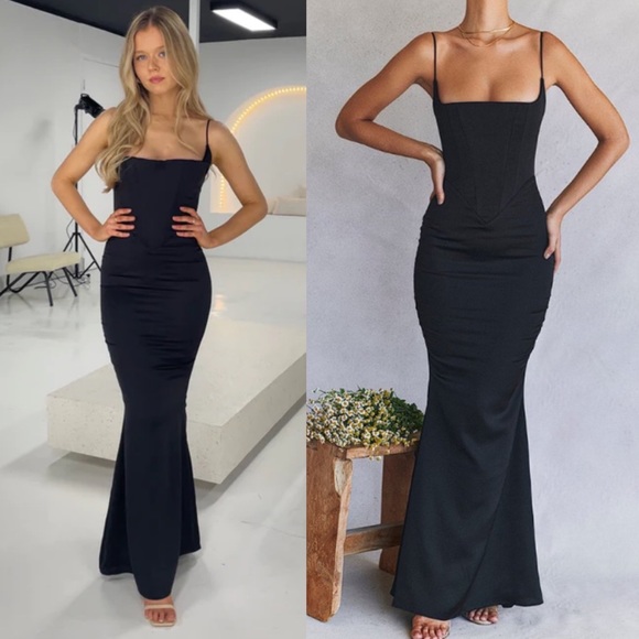 HOUSE OF CB 'Olivette' Black Satin Corset Maxi Dress NWOT gown size XL - Picture 2 of 9